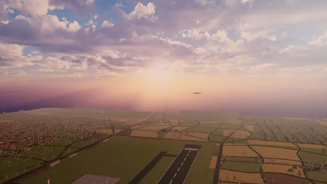 The runway, hedged fields and the town from high above at sunset, an aircraft climbing away.