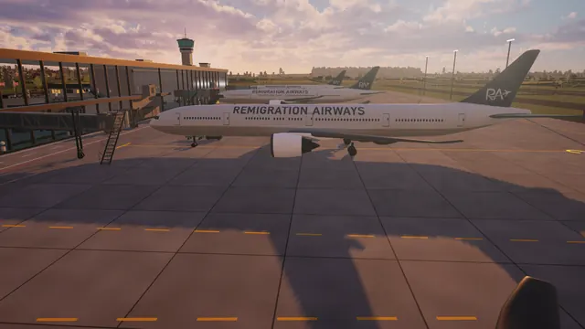 A 777 side on at the terminal, its jet bridge docked, with the control tower behind.